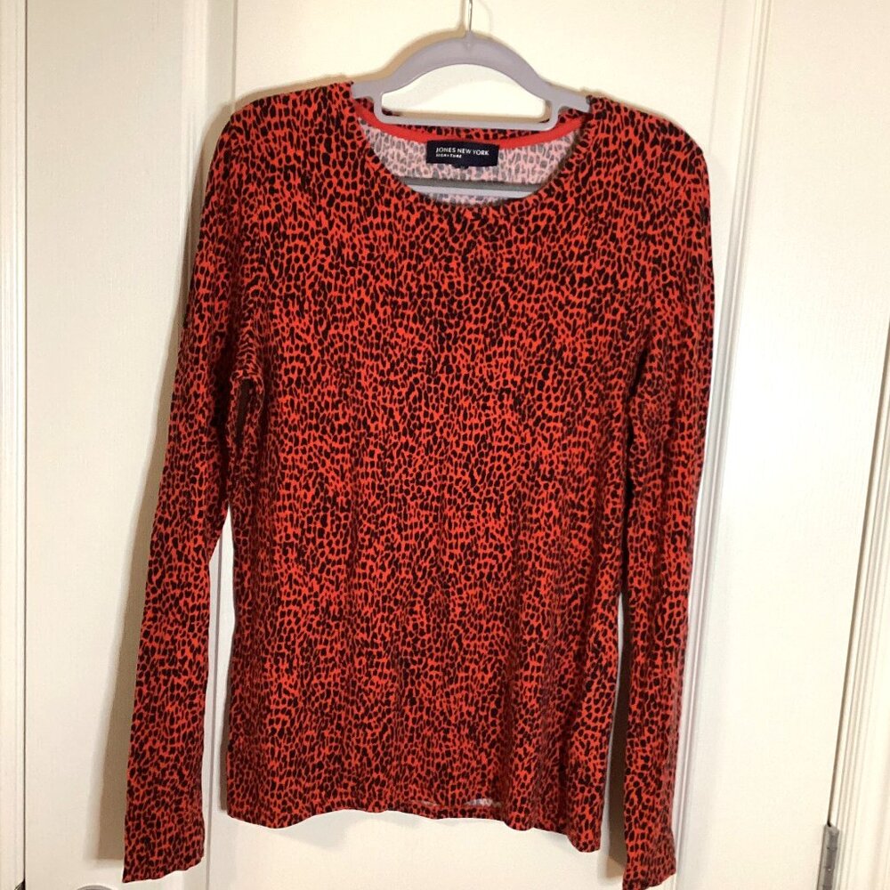 Jones New York Women's Red Black Long Sleeve Leopard Print Top Size M Stretchy